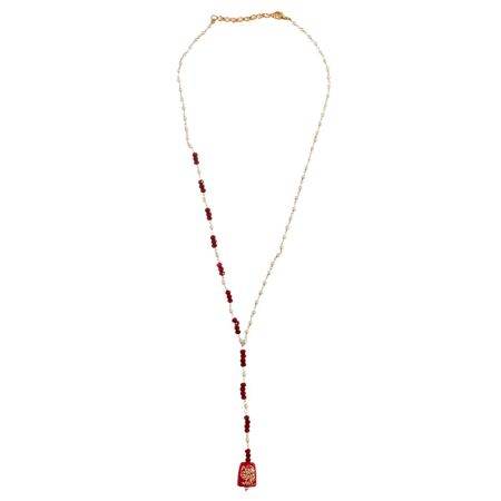 Red and Pearl Beaded Y Necklace with Kundan Bell Pendant